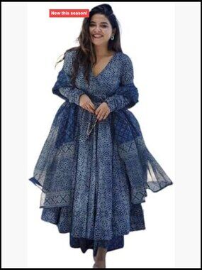 Women's Cotton Anarkali Printed Kurta with Pant and Dupatta Set
